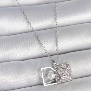 316L Çelik Gümüş Renk Zincir Zirkon Taşlı İncili Açılır Elmas Model Kadın Kolye