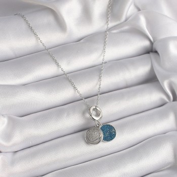 316L Çelik Gümüş Renk Zincir Zirkon Taşlı İşleme Mavi Simli Kadın Kolye