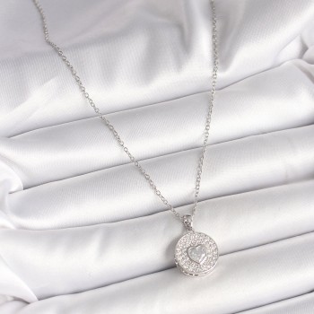 316L Çelik Gümüş Renk Zincir Zirkon Taşlı Kalp İşlemeli Madalyon Model Kadın Kolye