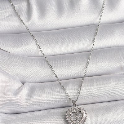 316L Çelik Gümüş Renk Zincir Zirkon Taşlı Kalp Model Kadın Kolye