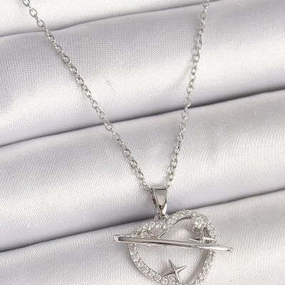 316L Çelik Gümüş Renk Zincir Zirkon Taşlı Kalp Model Yıldız Detay Kadın Kolye