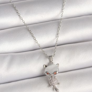316L Çelik Gümüş Renk Zincir Zirkon Taşlı Kedi Model Kadın Kolye
