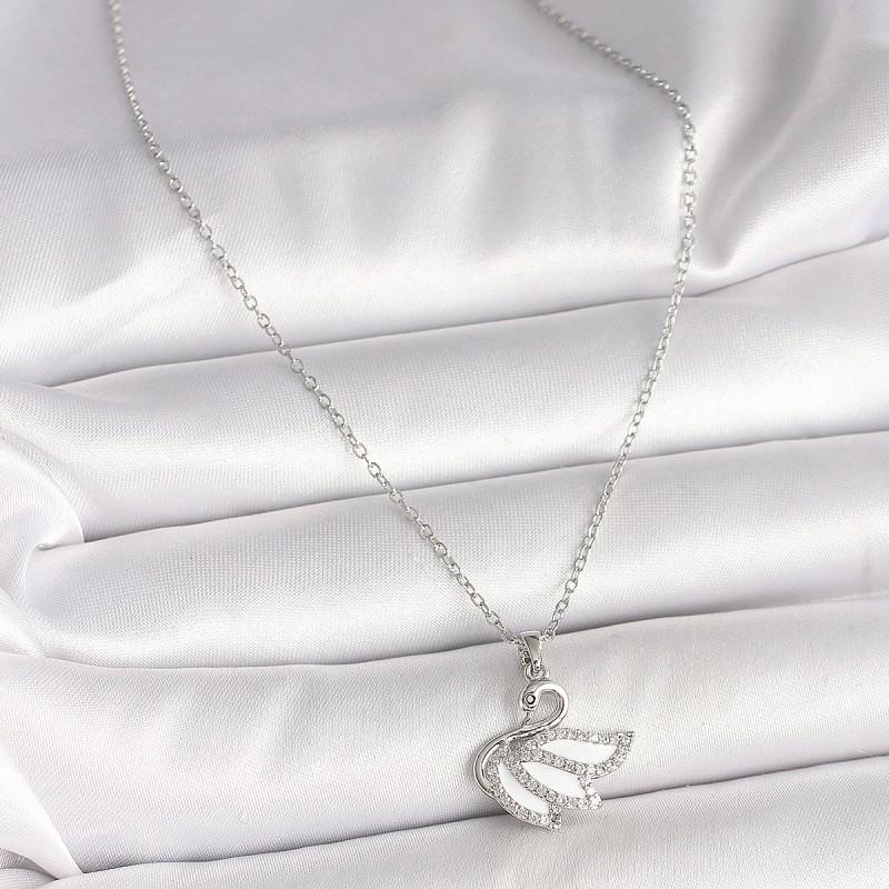 316L Çelik Gümüş Renk Zincir Zirkon Taşlı Kuğu Model Kadın Kolye