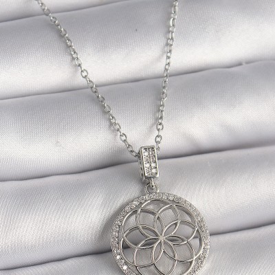 316L Çelik Gümüş Renk Zincir Zirkon Taşlı Lotus Model Kadın Kolye