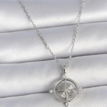 316L Çelik Gümüş Renk Zincir Zirkon Taşlı Pusula Model Kadın Kolye