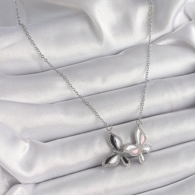 316L Çelik Gümüş Renk Zincir Zirkon Taşlı Renkli Kelebek Model Kadın Kolye