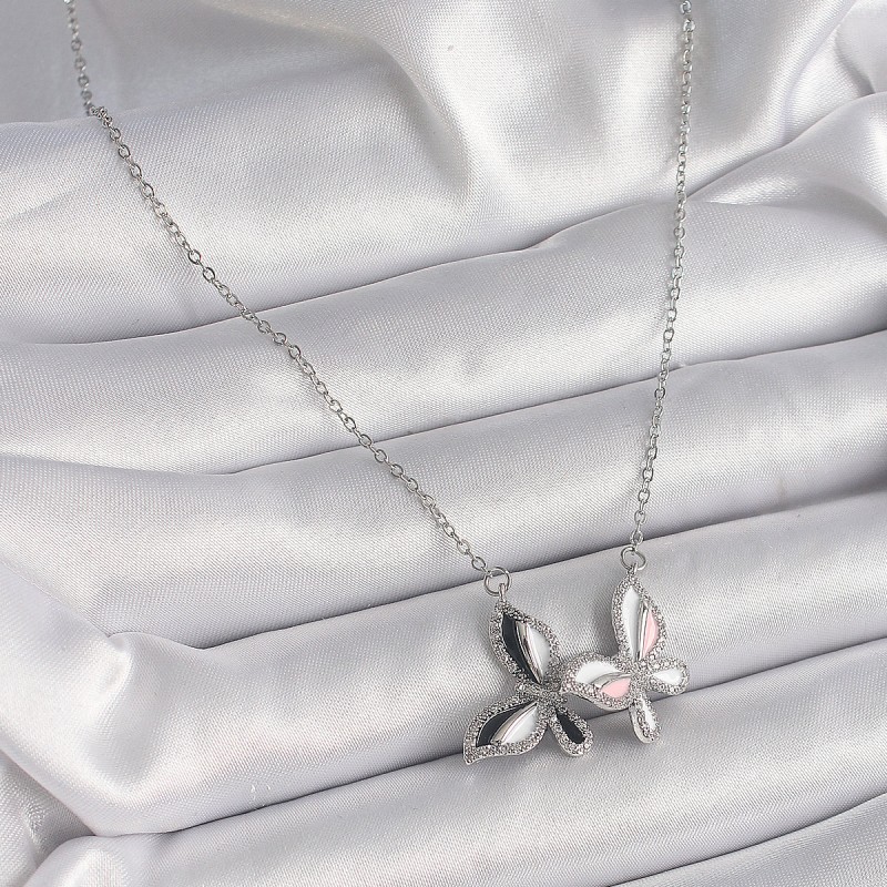 316L Çelik Gümüş Renk Zincir Zirkon Taşlı Renkli Kelebek Model Kadın Kolye