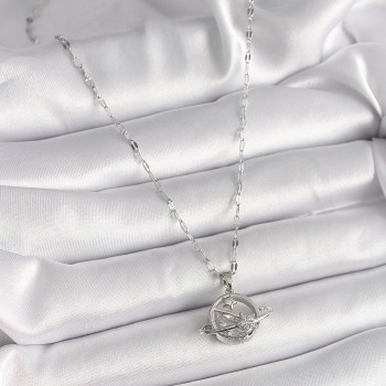 316L Çelik Gümüş Renk Zincir Zirkon Taşlı Yıldız Detay Gezegen Model Kadın Kolye