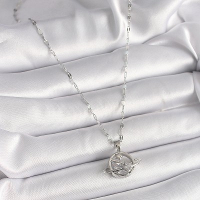 316L Çelik Gümüş Renk Zincir Zirkon Taşlı Yıldız Detay Gezegen Model Kadın Kolye