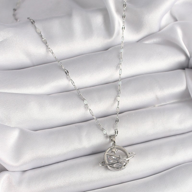 316L Çelik Gümüş Renk Zincir Zirkon Taşlı Yıldız Detay Gezegen Model Kadın Kolye