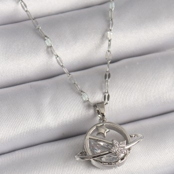 316L Çelik Gümüş Renk Zincir Zirkon Taşlı Yıldız Detay Gezegen Model Kadın Kolye