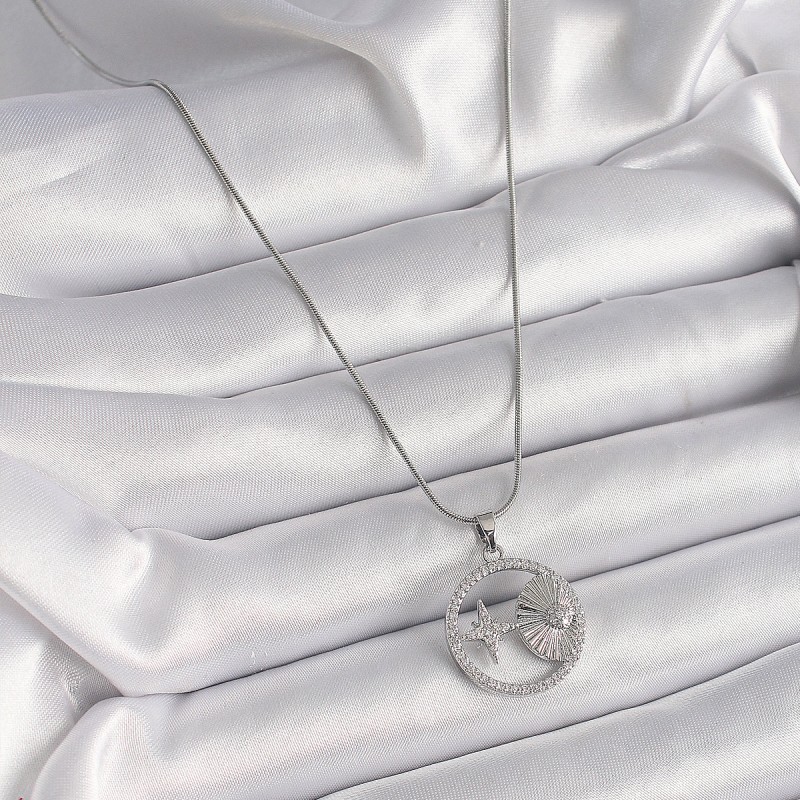 316L Çelik Gümüş Renk Zincir Zirkon Taşlı Yıldız Madalyon Model Kadın Kolye