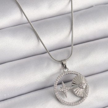 316L Çelik Gümüş Renk Zincir Zirkon Taşlı Yıldız Madalyon Model Kadın Kolye