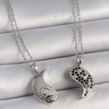 316L Çelik Gümüş Renk Zincir Zirkon Taşlı Ying Yang Model Gün Batımı İşlemeli Arakdaşlık Kadın Kolye