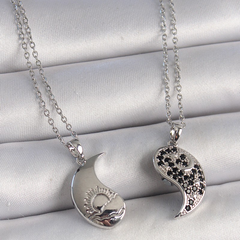 316L Çelik Gümüş Renk Zincir Zirkon Taşlı Ying Yang Model Gün Batımı İşlemeli Arakdaşlık Kadın Kolye