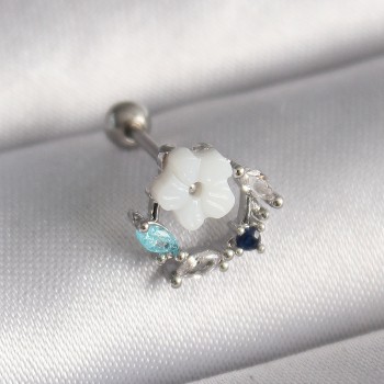 316L Çelik Gümüş Renk Zirkon Taş Detay Beyaz Çiçek Model Tragus Piercing