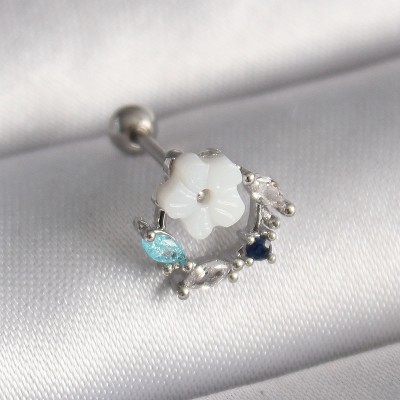 316L Çelik Gümüş Renk Zirkon Taş Detay Beyaz Çiçek Model Tragus Piercing