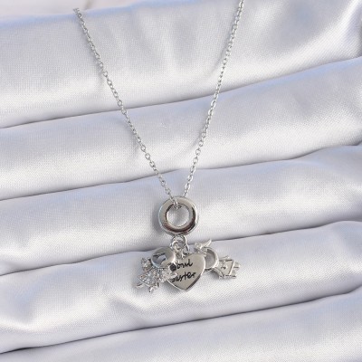 316L Çelik Gümüş Renk Zirkon Taş Detay Çocuk Figür Charm Model Kadın Kolye