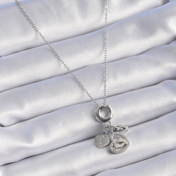 316L Çelik Gümüş Renk Zirkon Taş Detay Kalp Model Charm Kadın Kolye