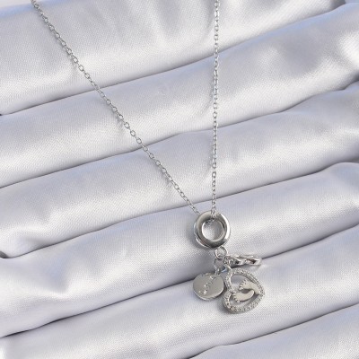 316L Çelik Gümüş Renk Zirkon Taş Detay Kalp Model Charm Kadın Kolye