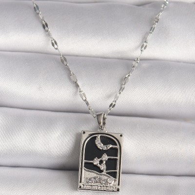 316L Çelik Gümüş Renk Zirkon Taşlı Ay Figürlü Taror Model Kadın Kolye