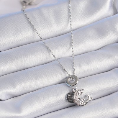 316L Çelik Gümüş Renk Zirkon Taşlı Ay Yıldız Figür Charm Model Kadın Kolye
