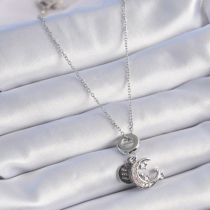 316L Çelik Gümüş Renk Zirkon Taşlı Ay Yıldız Figür Charm Model Kadın Kolye