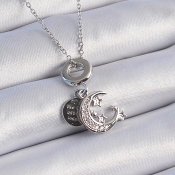 316L Çelik Gümüş Renk Zirkon Taşlı Ay Yıldız Figür Charm Model Kadın Kolye