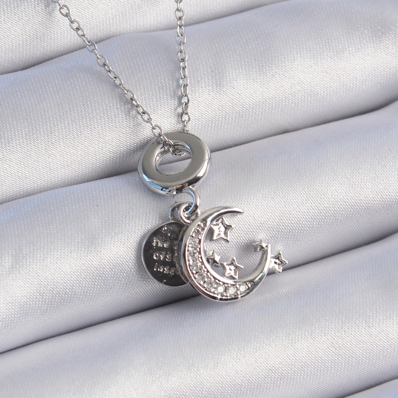 316L Çelik Gümüş Renk Zirkon Taşlı Ay Yıldız Figür Charm Model Kadın Kolye