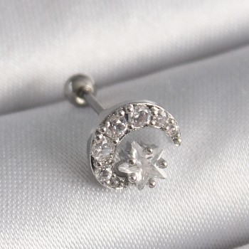 316L Çelik Gümüş Renk Zirkon Taşlı Ay Yıldız Tragus Piercing