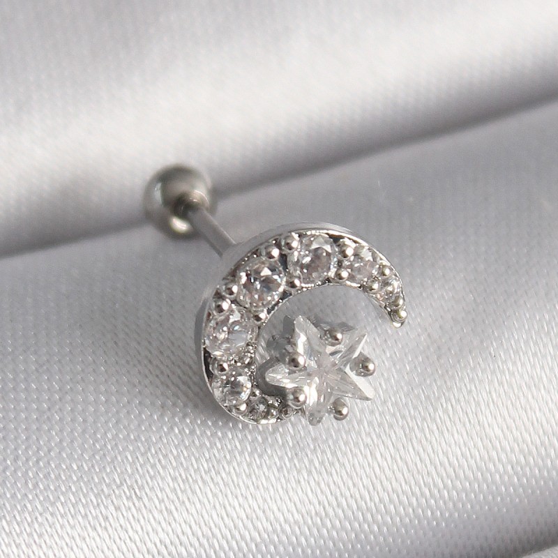 316L Çelik Gümüş Renk Zirkon Taşlı Ay Yıldız Tragus Piercing