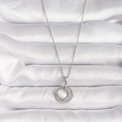 316L Çelik Gümüş Renk Zirkon Taşlı Beyaz Sedefli Hilal Model Kadın Kolye