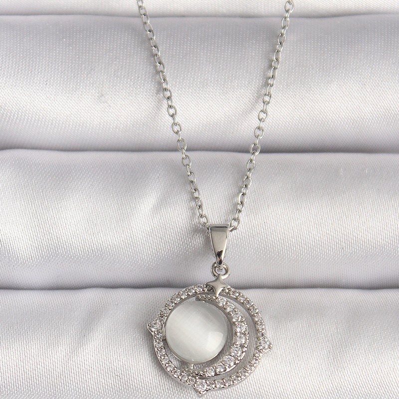 316L Çelik Gümüş Renk Zirkon Taşlı Beyaz Sedefli Hilal Model Kadın Kolye