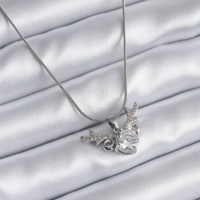 316L Çelik Gümüş Renk Zirkon Taşlı Boynuz Model Kadın Kolye