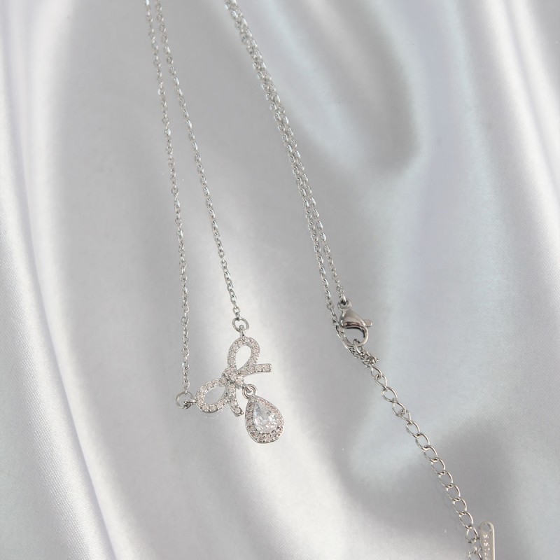 316L Çelik Gümüş Renk Zirkon Taşlı Fiyonk Detay Damla Kolye