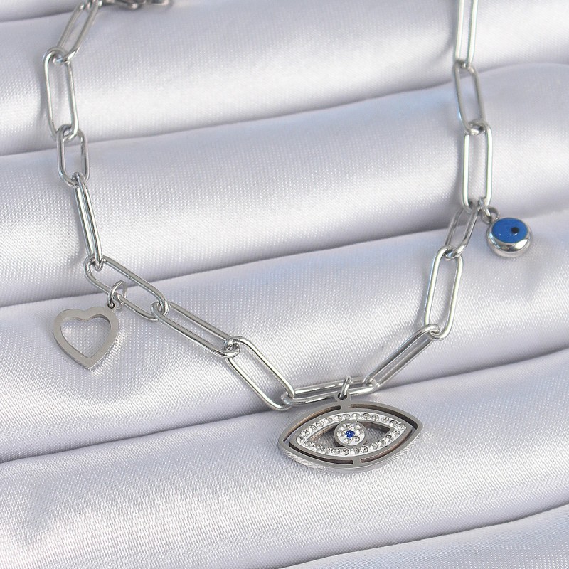 316L Çelik Gümüş Renk Zirkon Taşlı Göz Figür Kalp Detay Kadın Bileklik