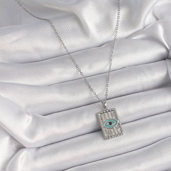 316L Çelik Gümüş Renk Zirkon Taşlı Göz İşleme Detaylı Plaka Model Kadın Kolye