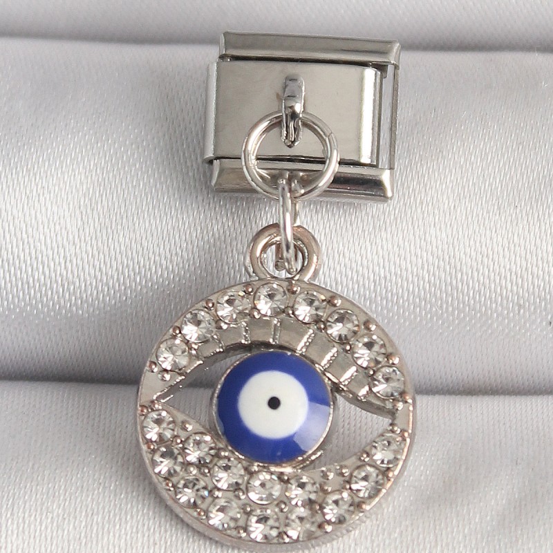 316L Çelik Gümüş Renk Zirkon Taşlı Göz Model Nazar Boncuk Detay Nomination Charm