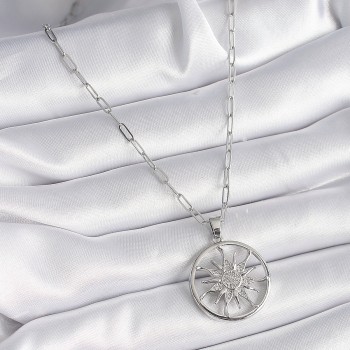 316L Çelik Gümüş Renk Zirkon Taşlı Güneş Madalyon Model Kadın Kolye