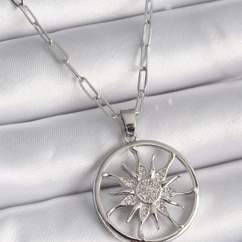 316L Çelik Gümüş Renk Zirkon Taşlı Güneş Madalyon Model Kadın Kolye