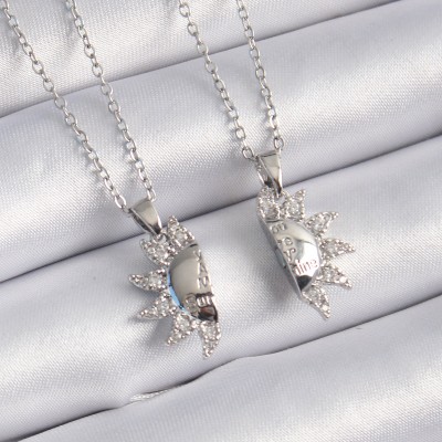 316L Çelik Gümüş Renk Zirkon Taşlı Güneş Model İşleme Yazı Detay Arkadaşlık Kolyesi