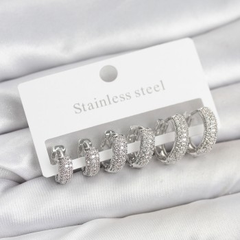 316L Çelik Gümüş Renk Zirkon Taşlı Halka Küpe Seti