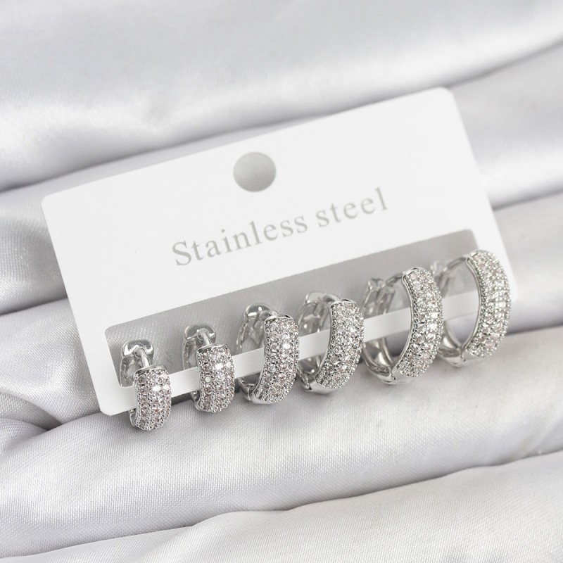 316L Çelik Gümüş Renk Zirkon Taşlı Halka Küpe Seti