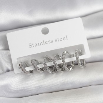 316L Çelik Gümüş Renk Zirkon Taşlı Halka Model Kadın Küpe Seti