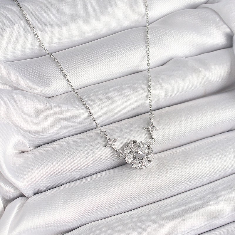 316L Çelik Gümüş Renk Zirkon Taşlı Hilal Kalp Model Kadın Kolye