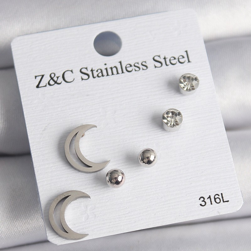 316L Çelik Gümüş Renk Zirkon Taşlı Hilal Model Kadın Küpe Seti