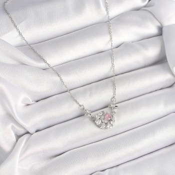 316L Çelik Gümüş Renk Zirkon Taşlı Hilal Pembe Kalp Model Kadın Kolye