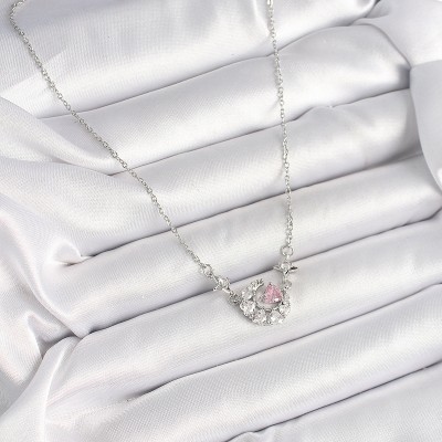 316L Çelik Gümüş Renk Zirkon Taşlı Hilal Pembe Kalp Model Kadın Kolye