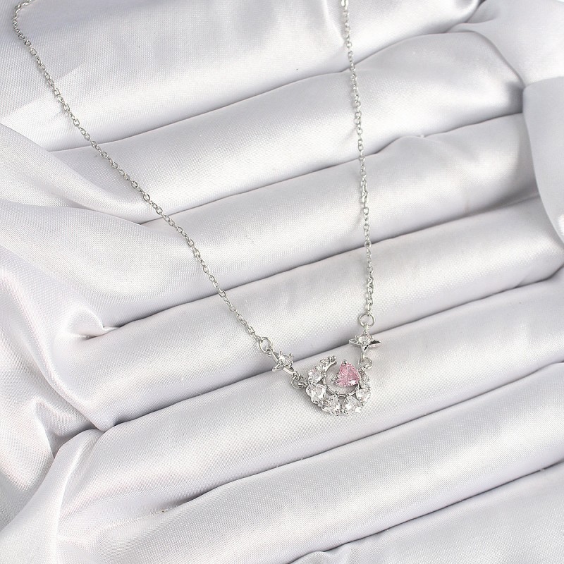 316L Çelik Gümüş Renk Zirkon Taşlı Hilal Pembe Kalp Model Kadın Kolye
