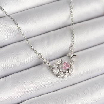 316L Çelik Gümüş Renk Zirkon Taşlı Hilal Pembe Kalp Model Kadın Kolye